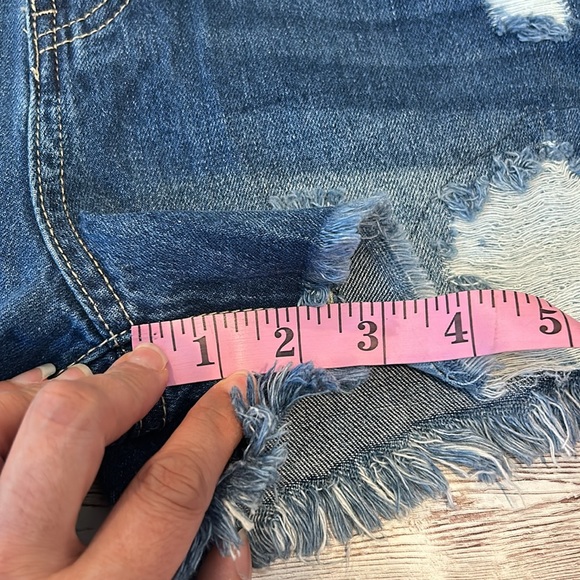 Pinkblush Dark Wash Distressed Fringe Hem Maternity Full Panel Jean Shorts - Picture 7 of 11